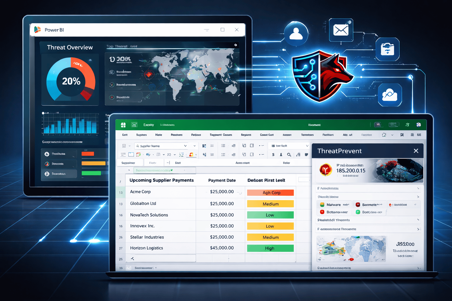 ThreatPrevent risk scoring integrated into a supplier payment spreadsheet and common business workflows